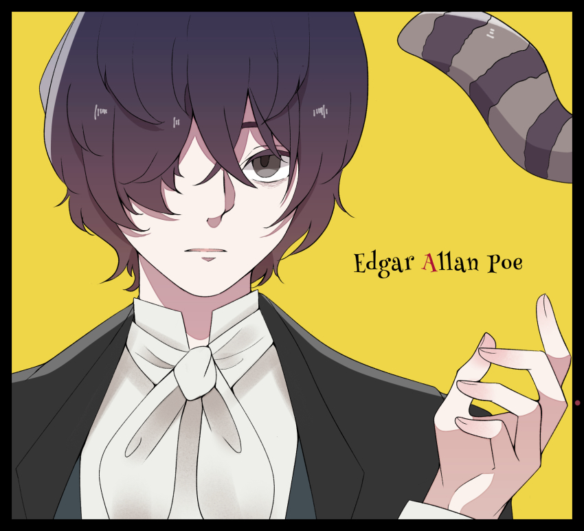 1boy animal black_border border brown_hair bungou_stray_dogs character_name edgar_allan_poe_(bungou_stray_dogs) expressionless grey_eyes hair_between_eyes hair_over_one_eye hand_up highres jacket kkknave0x0 long_sleeves male_focus neckerchief out_of_frame parted_lips raccoon shirt short_hair simple_background solo white_neckerchief white_shirt yellow_background
