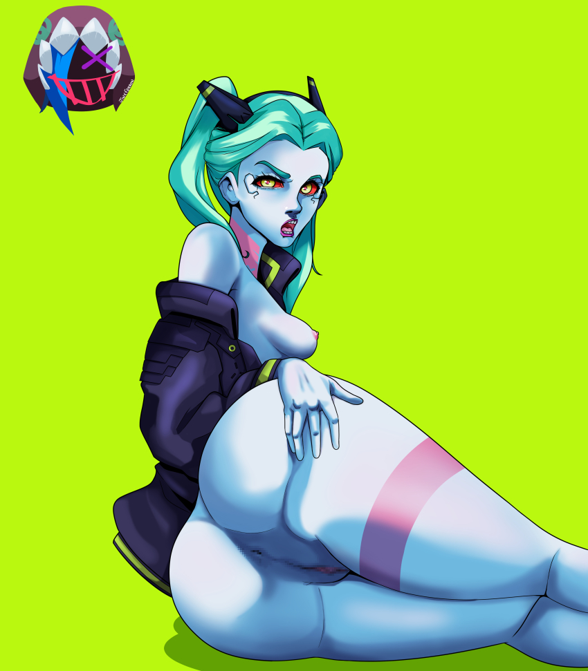 1girl absurdres ass colored_sclera colored_skin cyberpunk:_edgerunners cyberpunk_(series) farron_(artist) grabbing_own_ass green_background green_hair highres huge_ass jacket jacket_partially_removed leg_tattoo legs_together long_hair looking_at_viewer looking_back lying naked_jacket nipples on_side open_mouth pussy rebecca_(cyberpunk) red_sclera simple_background solo spread_ass tattoo twintails white_skin
