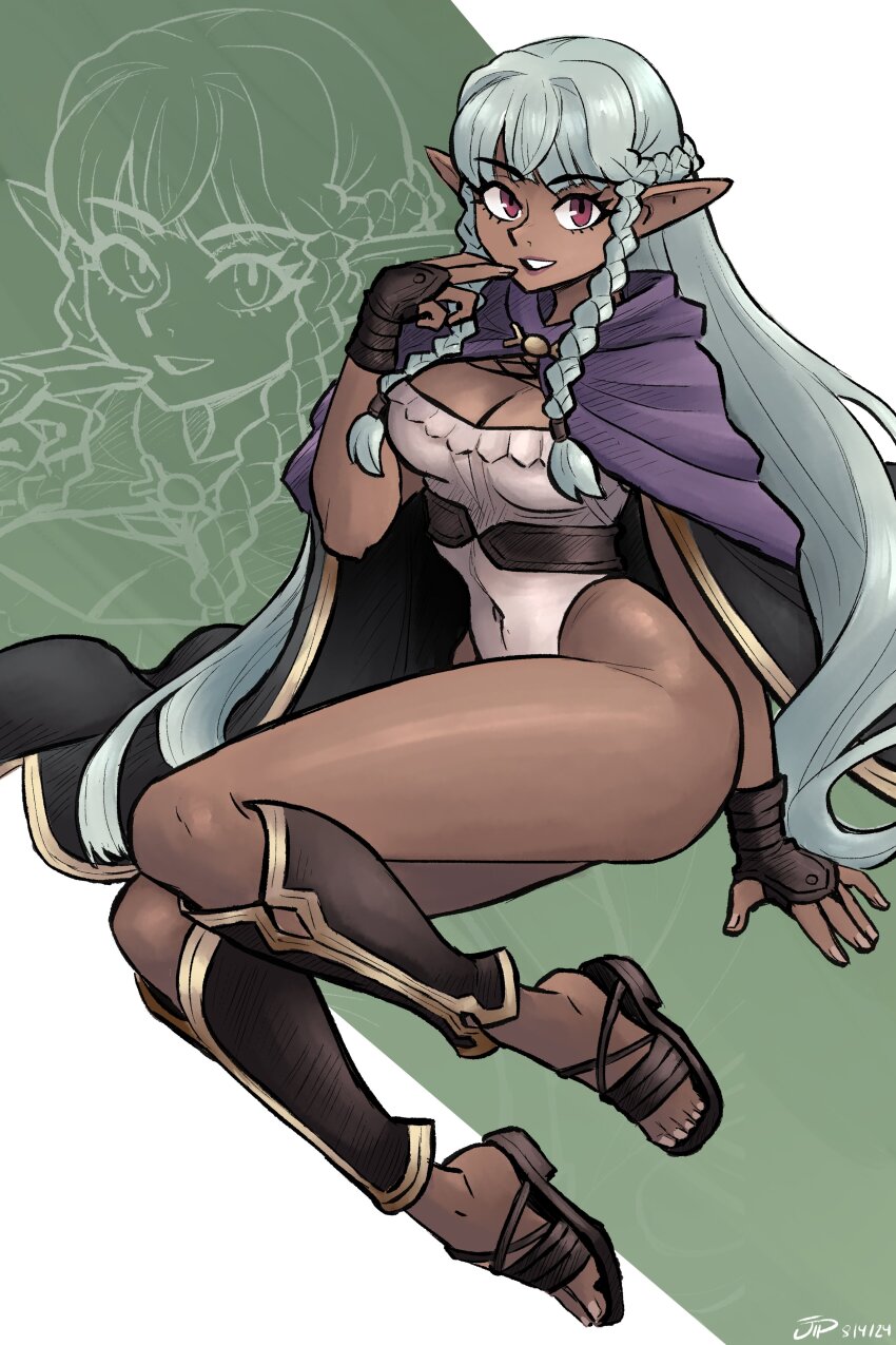 1girl absurdres aqua_hair black_cape braid breasts cape capelet cleavage commentary covered_navel dark-skinned_female dark_elf dark_skin dated elf english_commentary fingernails gold_trim grin highleg highleg_leotard highres leotard lips long_hair looking_at_viewer medium_breasts pointy_ears purple_capelet red_eyes rosalinde_(unicorn_overlord) sandals signature smile solo strapless strapless_leotard thighs toenails toes two_side_up unicorn_overlord videajames white_leotard