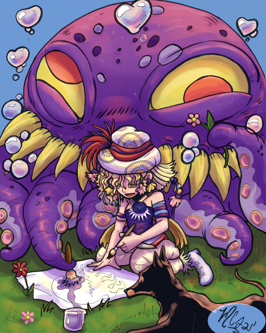 1girl 2others absurdres blonde_hair bubble child commentary dobermann dog english_commentary fangs final_fantasy final_fantasy_vi flower grass happy hat heart heart_bubbles highres interceptor_(ff6) monster multiple_others octopus open_mouth ultros outdoors paintbrush pants relm_arrowny seiza short_hair sitting strapless_shirt tarpi_nouche yellow_eyes