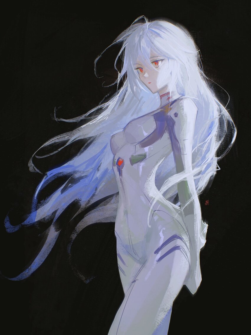 1girl arms_behind_back ayanami_rei black_background blue_hair bodysuit breasts closed_mouth cowboy_shot dark_background highres kgynh light_blue_hair long_hair mecha_pilot_suit multicolored_hair neon_genesis_evangelion plugsuit_(evangelion) red_eyes simple_background small_breasts solo white_bodysuit white_hair