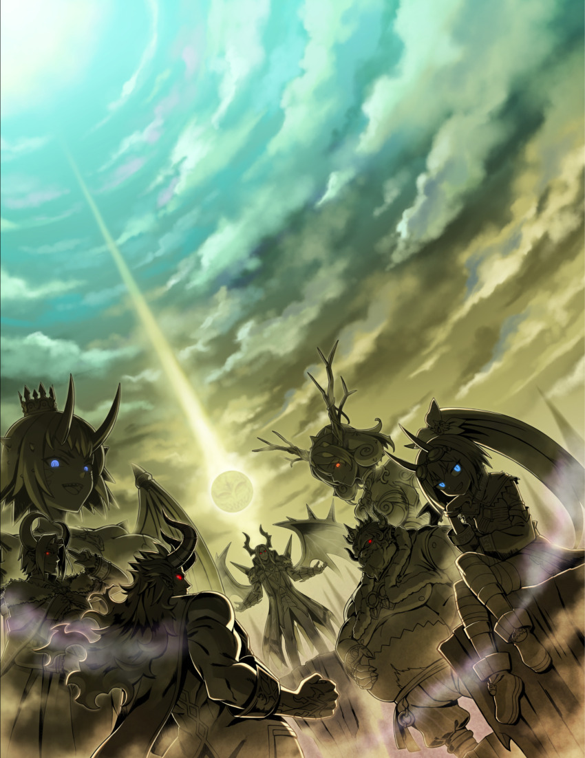 3girls 4boys absurdres alraune beelzebone_(galgun) breasts cloud demon_girl demon_lord_maxim_(galgun) dragon_girl dranis_(galgun) full_moon gal_guardians gal_gun_(series) game_screenshot glowing glowing_eyes group_picture high_ponytail highres horns large_breasts limited_palette long_hair lyzenorg_(galgun) monster_girl moon multiple_boys multiple_girls no_eyebrows non-web_source official_art plant_girl ponytail queen_gardenas_(galgun) red_eyes sharp_teeth short_hair sky small_breasts stitched sun teeth third-party_edit very_long_hair zuzu_(galgun)