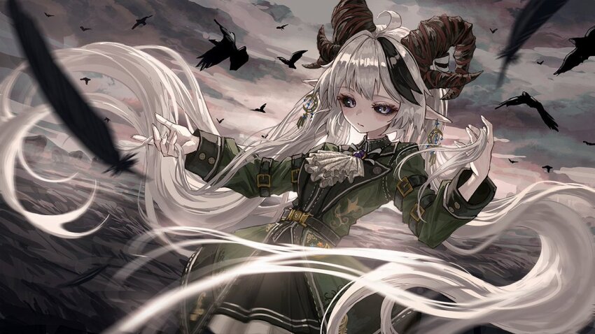 1girl ahoge ascot bird black_feathers black_hair black_skirt closed_mouth commentary_request commission crow curled_horns earrings endroll00 falling_feathers feathers green_jacket horns jacket jewelry long_hair long_sleeves looking_at_viewer multicolored_hair outdoors pointy_ears skeb_commission skirt solo streaked_hair vrchat white_ascot white_hair