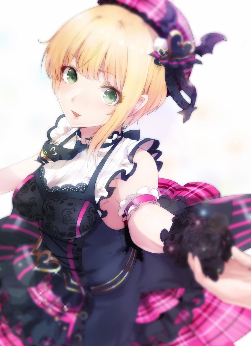 1girl 1other arm_garter bare_shoulders black_gloves blonde_hair blurry blush breasts depth_of_field dress gloves green_eyes hat hat_ornament heart heart_hat_ornament highres holding_hands idolmaster idolmaster_cinderella_girls idolmaster_cinderella_girls_starlight_stage lace lace-trimmed_dress lace_trim looking_at_viewer medium_breasts miyamoto_frederica open_mouth pov ryuu. short_hair simple_background sleeveless sleeveless_dress smile two-tone_dress upper_body white_background wing_hat_ornament