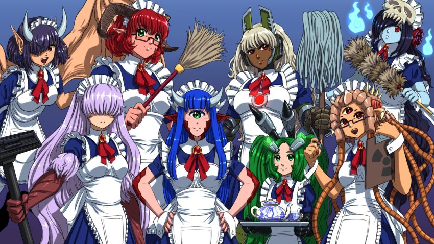 6+girls :d baron_of_hell black-framed_eyewear black_hair blonde_hair blood_(game) blue_hair blue_skin brooch broom cacodemon colored_skin commentary covered_eyes cup cyclops dark-skinned_female dark_skin doom_(series) doom_eternal duster english_commentary extra_eyes frown glasses green-framed_eyewear green_eyes green_hair hair_over_eyes hair_over_one_eye hands_on_own_hips highres hitodama holding holding_notepad holding_pen horns jewelry light_purple_hair long_hair looking_at_viewer maid maid_headdress mechanical_arms monster_girl mop multiple_girls nail_polish neck_ribbon notepad one-eyed open_mouth pen personification phantasm_(blood) pointy_ears quake_(series) quake_1 radiation_symbol red_eyes red_hair red_nails red_ribbon ribbon scales semi-rimless_eyewear shambler short_hair short_sleeves skull_on_head smile substance20 teapot tentacle_hair third_eye tray under-rim_eyewear vacuum_cleaner wings wrist_cuffs