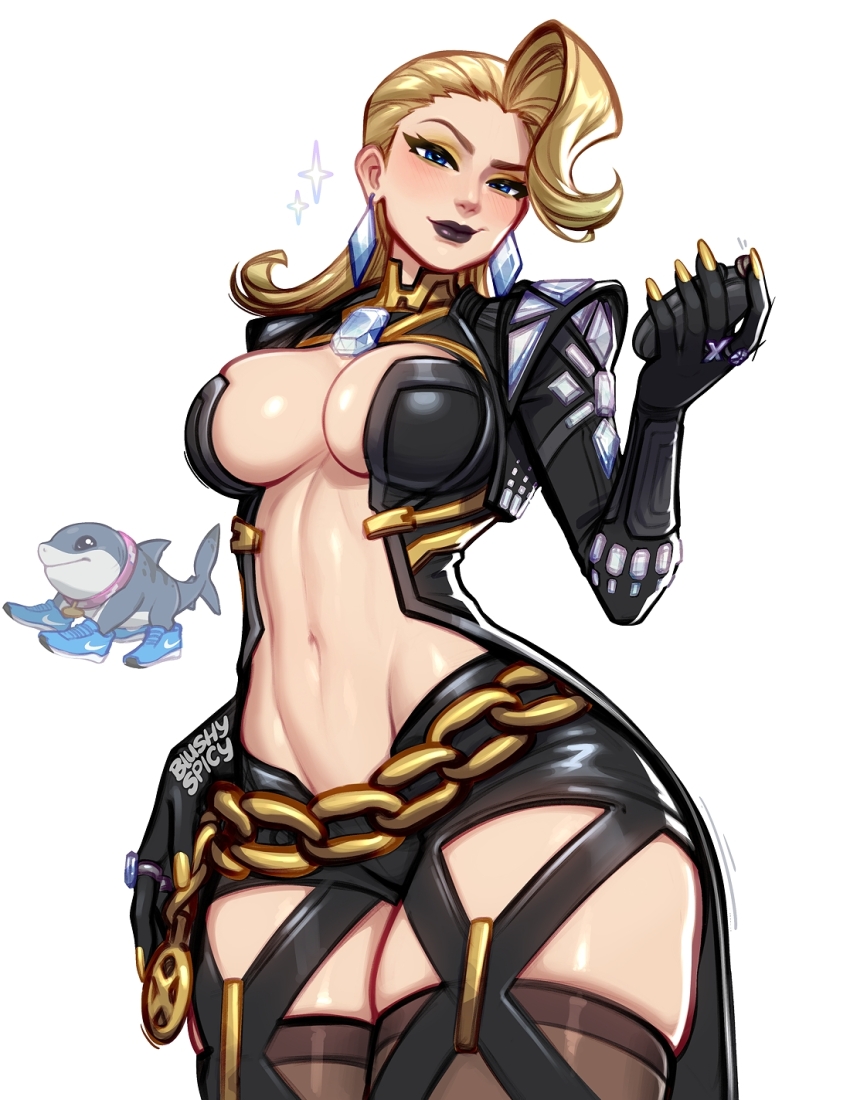 1girl artist_name black_lips blonde_hair blue_eyes blush blushyspicy breasts chain commentary cowboy_shot emma_frost emma_frost_(x-revolution) english_commentary eyeshadow highres jeff_(marvel) large_breasts looking_at_viewer makeup marvel marvel_rivals navel official_alternate_costume shark simple_background skindentation solo_focus thick_thighs thighhighs thighs white_background yellow_eyeshadow