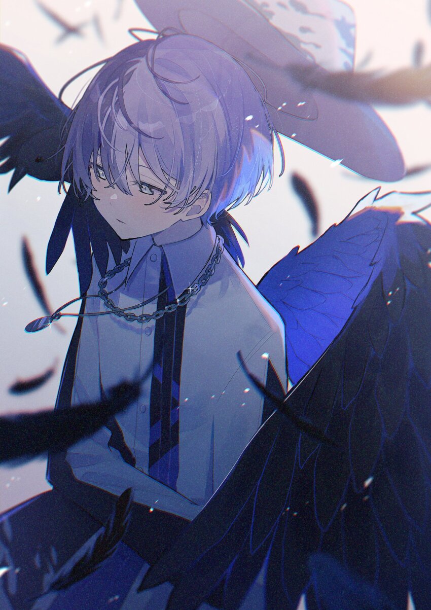 1boy aoyagi_touya black_feathers black_wings blue_eyes blue_hair buttons chain chain_necklace closed_mouth collared_shirt commentary_request dark_blue_hair dress_shirt feathered_wings feathers hat highres jewelry jishio long_sleeves male_focus mole mole_under_eye multicolored_hair necklace official_alternate_costume project_sekai shirt short_hair solo split-color_hair two-tone_hair upper_body utsuro_wo_aogu_(vocaloid) walk_on_and_on_(project_sekai) wings