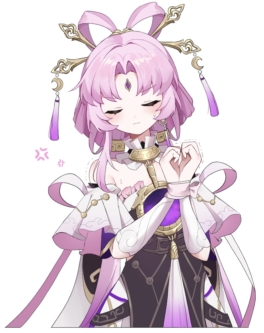1girl anger_vein bare_shoulders black_dress blush bound bound_wrists closed_eyes dress facing_viewer forehead_jewel fu_xuan_(honkai:_star_rail) hair_ornament hair_stick highres honkai:_star_rail honkai_(series) long_hair nirako_mona pink_hair simple_background solo upper_body white_background