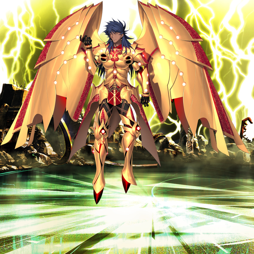 1boy armor black_gloves blue_hair closed_eyes dark-skinned_male dark_skin earrings fate/grand_order fate_(series) floating full_armor full_body game_cg gloves highres jewelry koyama_hirokazu lightning long_hair male_focus midair official_art romulus_quirinus_(fate) solo tachi-e third-party_source transparent_background