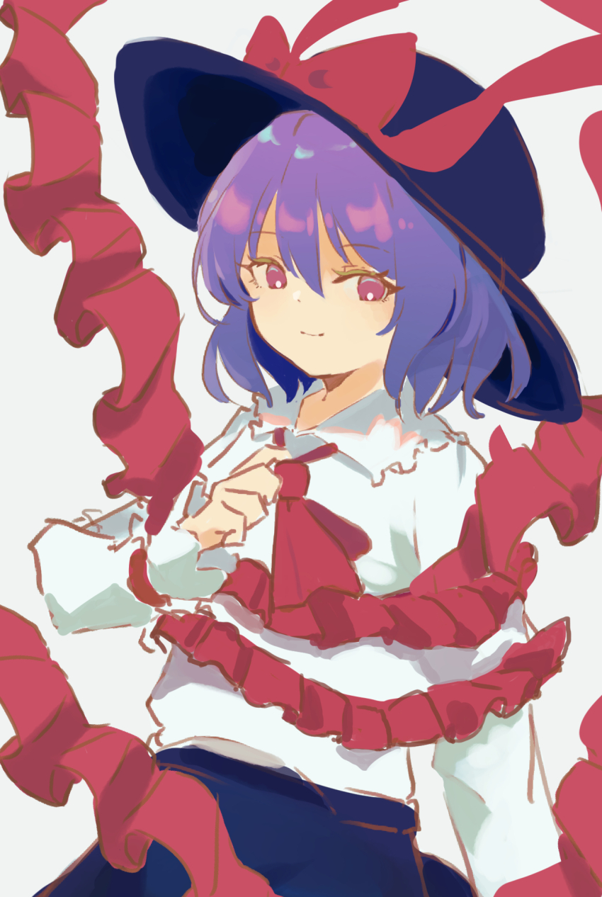 1girl ascot black_hat black_skirt bow capelet closed_mouth commentary frilled_capelet frills hat hat_bow highres hinataku1222 long_sleeves looking_at_viewer nagae_iku one-hour_drawing_challenge purple_hair red_bow red_eyes shirt short_hair simple_background skirt solo touhou white_background white_capelet white_shirt