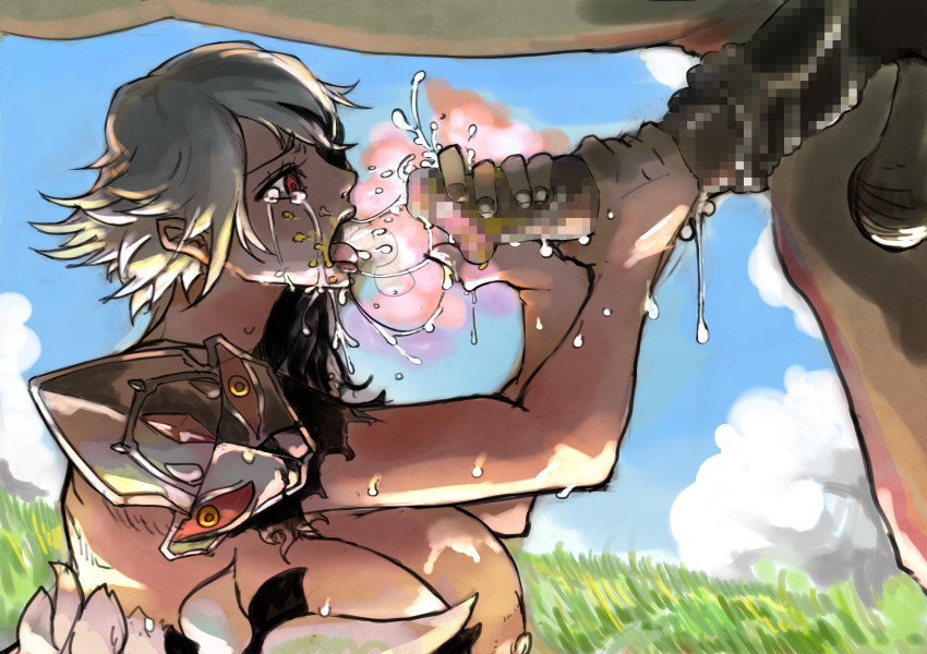 1boy 1girl animal_penis armor backlighting bare_back bestiality blue_background blue_sky breasts breasts_out censored cloud crying day eyebrows_hidden_by_hair feather_trim from_side furrowed_brow grass handjob hato_hato_hato hetero highres horse horse_penis large_breasts mosaic_censoring nipples open_mouth original penis penis_grab portrait red_eyes saliva saliva_trail short_hair shoulder_armor sky smegma solo_focus sweat tearing_up testicles tongue tongue_out tsurime veins veiny_penis white_hair