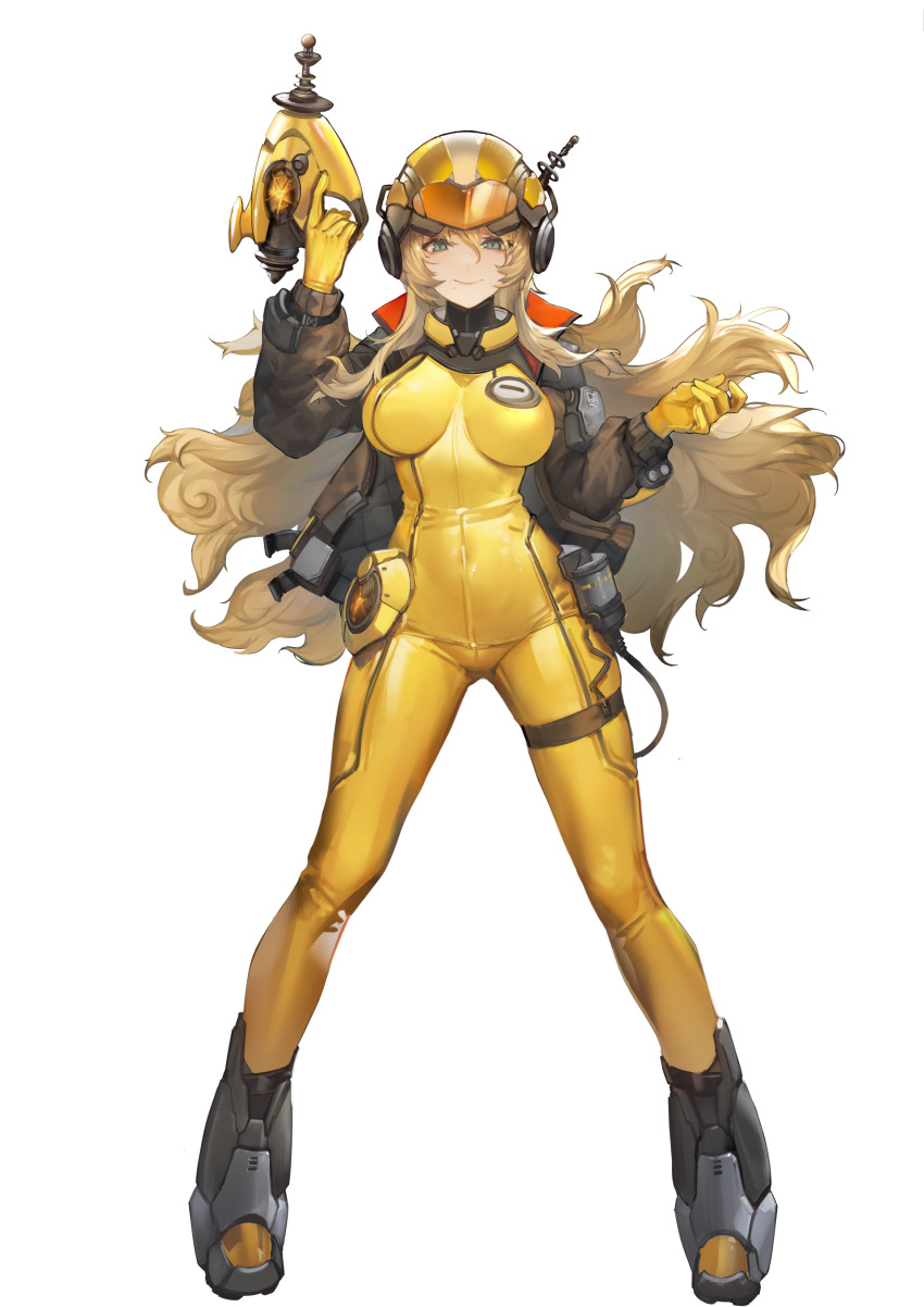 1girl absurdres armored_boots blonde_hair blue_eyes bodysuit boots breasts brown_jacket closed_mouth echoes_of_vision energy_gun floating_hair full_body gun hair_between_eyes hands_up helmet highres holding holding_gun holding_weapon jacket large_breasts legs_apart long_hair looking_at_viewer mkiiiiii mole mole_under_mouth official_art open_clothes open_jacket ray_gun smile solo standing tachi-e thunder_ranger_(echoes_of_vision) transparent_background very_long_hair weapon windforcelan yellow_bodysuit yellow_helmet