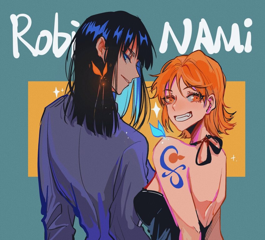 2girls arm_tattoo blue_butterfly blue_eyes blunt_bangs bug butterfly character_name commentary halterneck highres insect looking_back medium_hair multiple_girls nami_(one_piece) nico_robin one_piece orange_butterfly orange_eyes orange_hair shiyuzai short_hair smile sparkle tattoo upper_body