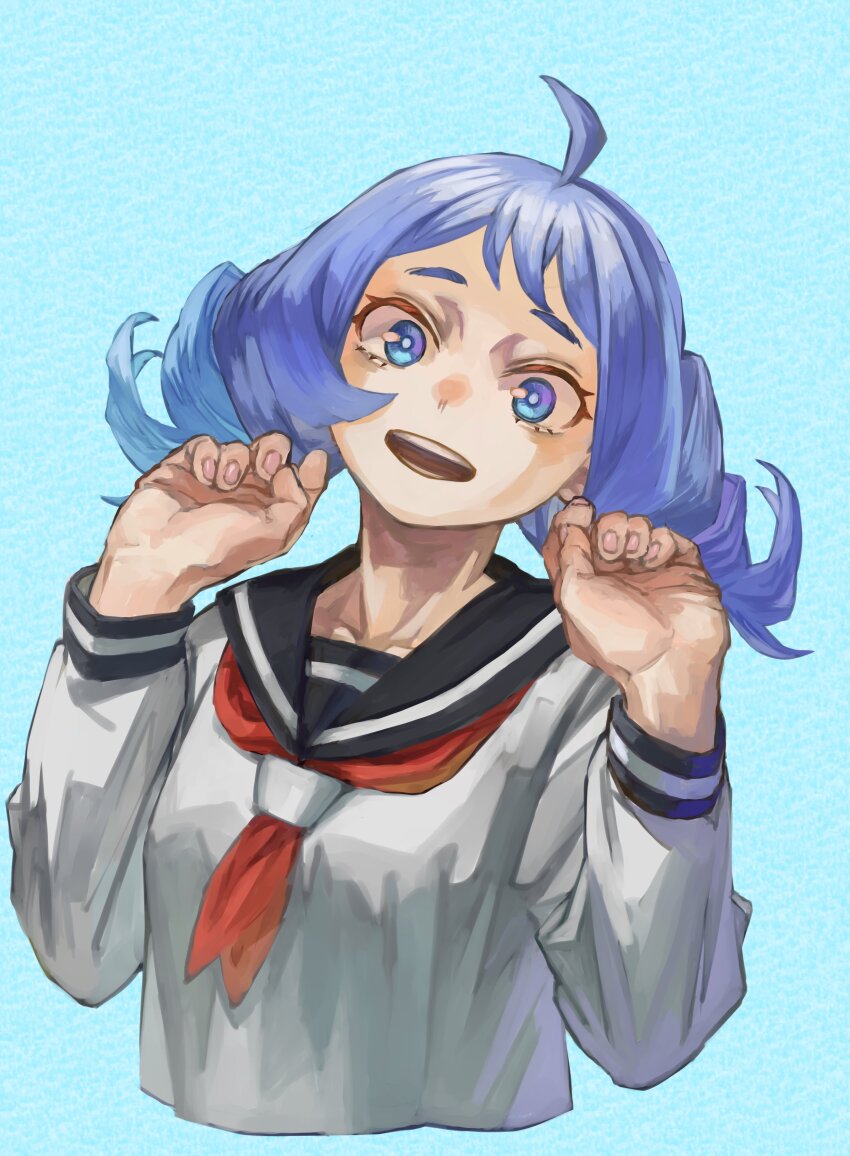 1girl absurdres ahoge black_sailor_collar blue_eyes blue_hair boku_no_hero_academia commentary_request drill_hair hado_nejire highres looking_at_viewer neckerchief official_alternate_costume official_alternate_hairstyle open_mouth red_neckerchief sailor_collar school_uniform serafuku solo twin_drills yomoyama_yotabanashi