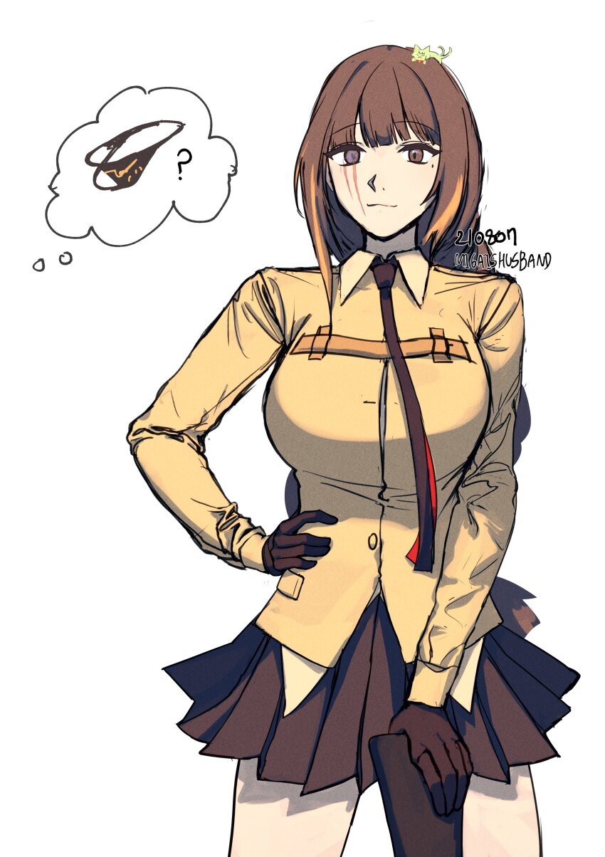 absurdres assault_rifle black_gloves black_jacket black_necktie black_skirt blunt_bangs braid breasts brown_hair eyepatch girls&#039;_frontline gloves gun highres jacket large_breasts long_hair looking_at_viewer m16 m16a1 m16a1_(girls&#039;_frontline) mole mole_under_eye multicolored_hair necktie no_eyepatch pleated_skirt rifle scar scar_across_eye scar_on_face shirt simple_background skirt solo weapon xanax025 yellow_shirt