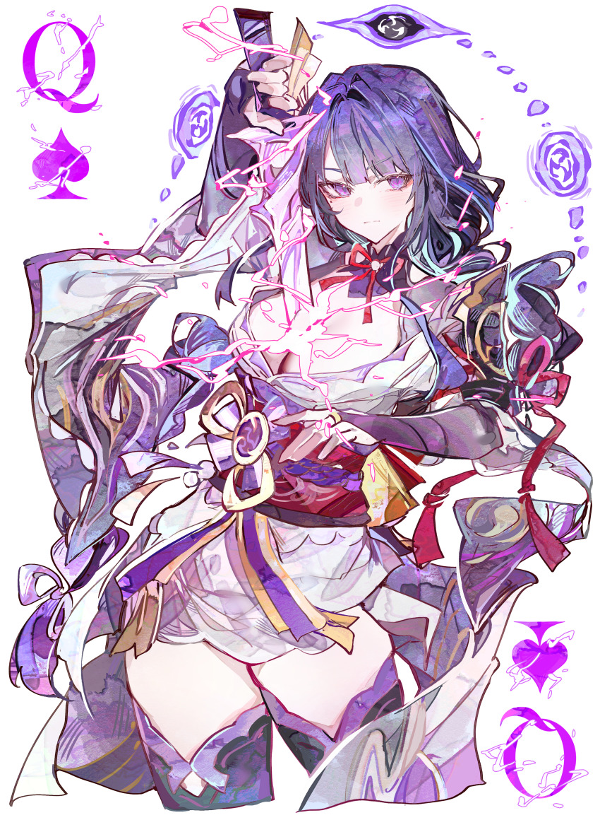 1girl absurdres black_bridal_gauntlets breasts bridal_gauntlets closed_mouth cocoballking commentary genshin_impact highres holding holding_weapon japanese_clothes kimono large_breasts long_hair long_sleeves looking_at_viewer mole mole_under_eye musou_isshin_(genshin_impact) purple_eyes purple_hair purple_kimono purple_thighhighs raiden_shogun short_kimono simple_background solo thighhighs weapon white_background wide_sleeves