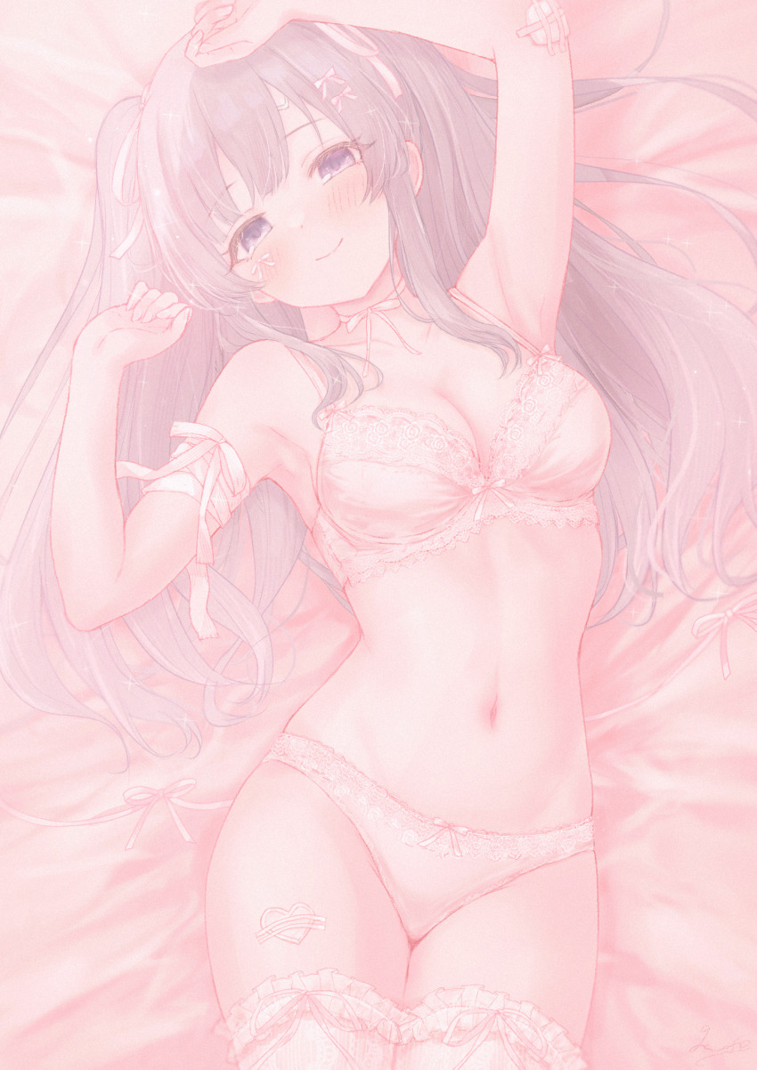 1girl arm_ribbon armpits bed_sheet blush bow bow_bra bow_panties bra breasts cleavage commentary gameso grey_hair hair_ribbon hair_spread_out highres idolmaster idolmaster_shiny_colors lace lace-trimmed_bra lace-trimmed_panties lace_trim lingerie long_hair looking_at_viewer lying medium_breasts navel on_back panties ribbon smile solo stomach underwear underwear_only very_long_hair white_ribbon yukoku_kiriko