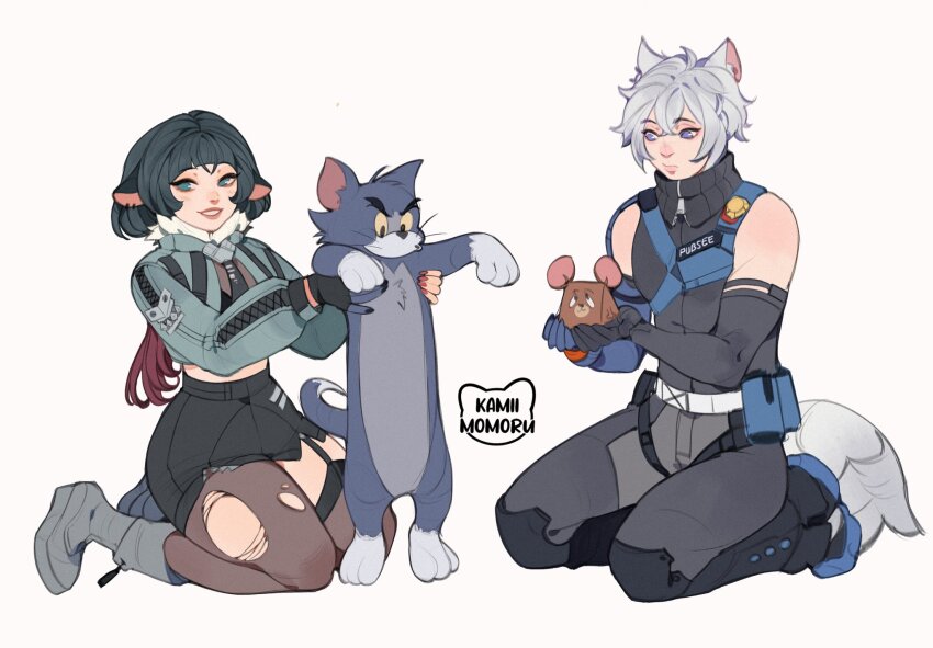 1boy 1girl animal animal_ears aqua_eyes bare_shoulders black_gloves black_hair black_shirt cartoon_logic cat cat_ears gloves grey_hair grey_jacket grey_pantyhose grin highres holding holding_animal holding_cat jacket jane_doe_(zenless_zone_zero) jerry_(tom_and_jerry) kamii_momoru long_hair long_sleeves looking_at_viewer pantyhose purple_eyes seth_lowell shirt single_leg_pantyhose sleeveless sleeveless_shirt smile tom_(tom_and_jerry) tom_and_jerry torn_clothes torn_pantyhose zenless_zone_zero