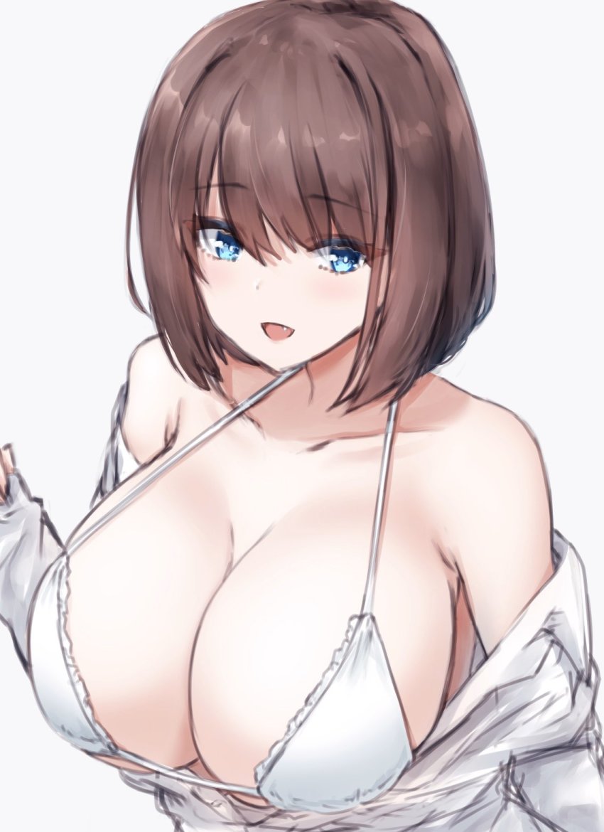 1girl bikini blue_eyes blush breasts brown_hair cleavage collarbone fang highres huge_breasts kousi_sirazawa looking_at_viewer off_shoulder open_mouth saki_(manga) shirt short_hair simple_background smile solo swimsuit unozawa_shiori white_background white_bikini white_shirt