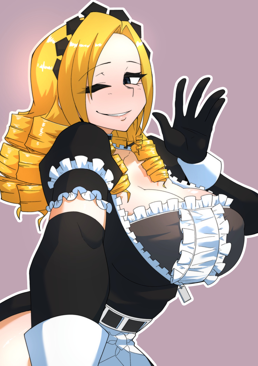 1girl absurdres black_dress black_gloves blonde_hair blue_eyes breasts cleavage dress drill_hair elbow_gloves gloves highres large_breasts long_hair maid maid_headdress overlord_(maruyama) solo solution_epsilon zei-minarai
