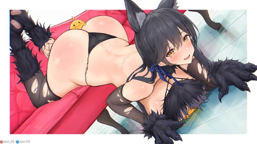 1girl animal_ears animal_hands ass atago_(azur_lane) atago_(full_moon&#039;s_feral_wolf)_(azur_lane) azur_lane black_gloves black_hair black_panties blush breasts dan-98 dog_ears elbow_gloves fishnet_thighhighs fishnets gloves highres large_breasts long_hair looking_at_viewer lying manjuu_(azur_lane) mismatched_thighhighs mole mole_under_eye official_alternate_costume on_stomach panties paw_gloves smile solo thighhighs thong torn_clothes torn_thighhighs underwear yellow_eyes