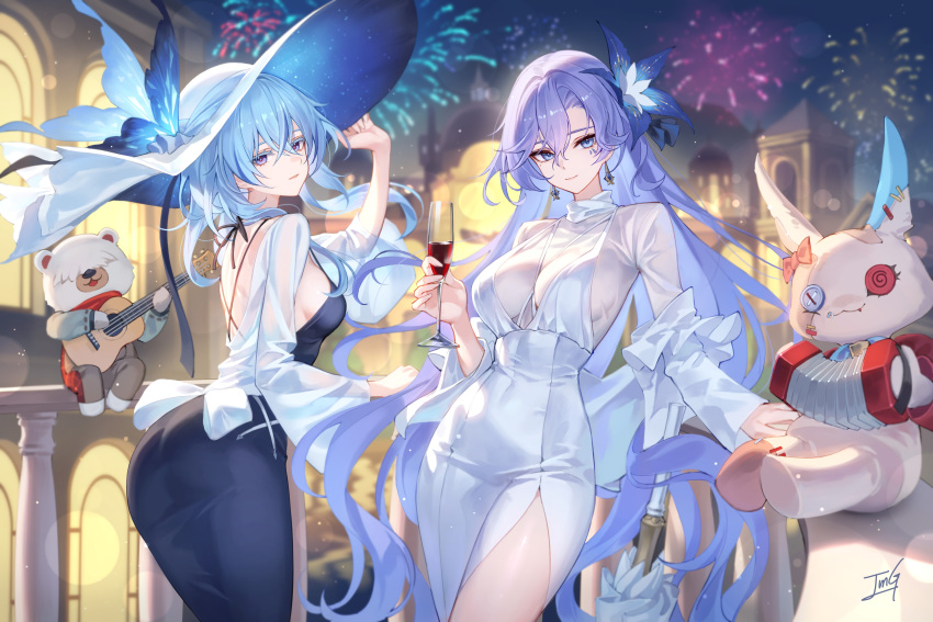 2girls absurdres aerial_fireworks ass back baek_hyang black_dress blue_eyes blue_flower blue_hair blurry blurry_background cantarella_(wuthering_waves) champagne_flute closed_mouth colored_eyelashes commentary criss-cross_back-straps cup dress drinking_glass earrings english_commentary facial_mark fireworks flower hair_between_eyes hair_flower hair_ornament hat hat_ornament highres holding holding_cup jewelry long_hair looking_at_viewer mark_under_eye mole mole_under_eye multiple_girls night night_sky official_alternate_costume outdoors purple_eyes purple_hair shirt shorekeeper_(wuthering_waves) side_slit sky tacet_discord_(wuthering_waves) taut_clothes taut_dress very_long_hair white_dress white_hat white_shirt wuthering_waves