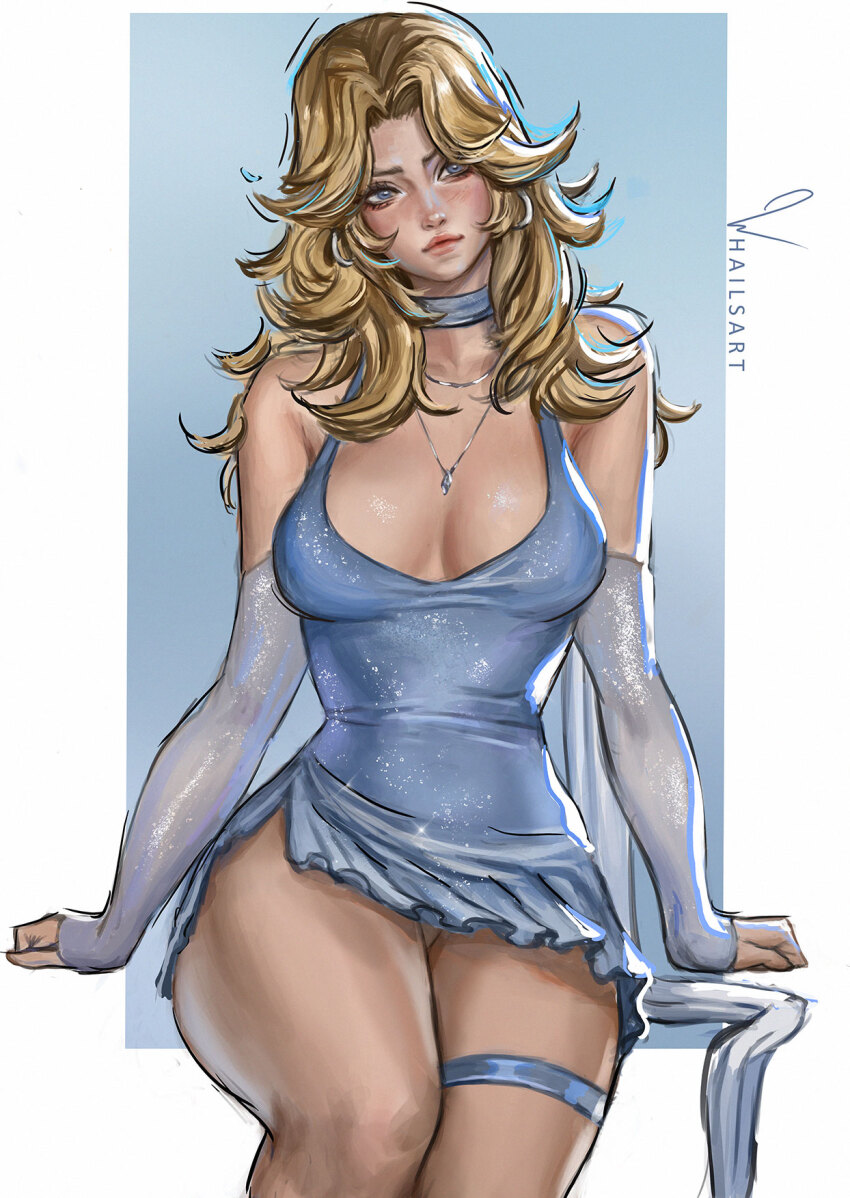 1girl animification artist_name blonde_hair blue_background blue_dress blue_hair breasts cleavage dress fantastic_four hair_intakes head_tilt highres jewelry long_hair looking_to_the_side marvel marvel_rivals necklace signature sitting sue_storm thighs whails