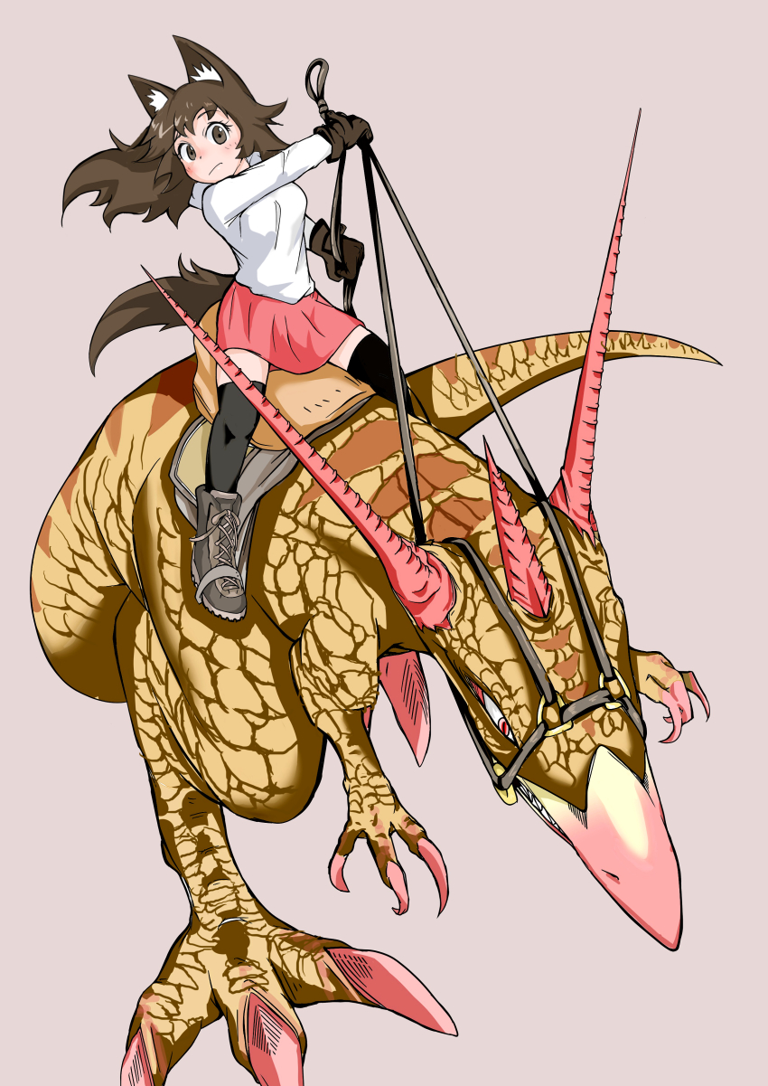1girl absurdres animal_ears boots brown_eyes brown_footwear brown_gloves brown_hair commentary dinosaur riding_dinosaur dog_ears dog_girl_(doitsuken) dog_tail doitsuken floating_hair gloves grey_background grey_thighhighs highres holding hood hood_down hoodie long_hair long_sleeves looking_at_viewer original red_skirt reins revision riding saddle simple_background skirt tail thighhighs white_hoodie wide-eyed