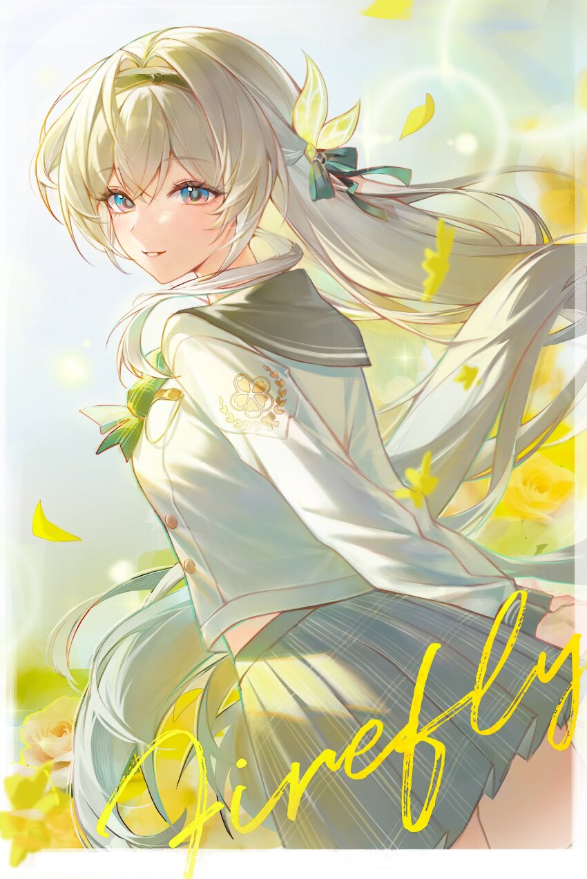 1girl absurdres black_hairband black_ribbon blush bow bowtie buttons collared_shirt double-breasted falling_petals firefly_(honkai:_star_rail) firefly_(spring_missive)_(honkai:_star_rail) flower from_behind gradient_eyes green_bow green_bowtie green_pupils grey_hair grey_sailor_collar grey_shirt grey_skirt hair_between_eyes hair_intakes hair_ornament hair_ribbon hairband highres honkai:_star_rail honkai_(series) long_hair looking_back multicolored_eyes open_mouth petals plaid_bow plaid_bowtie plaid_clothes pleated_skirt ribbon sailor_collar shirt skirt smile sohan_(sohan_416) solo teeth two-tone_eyes white_shirt yellow_flower