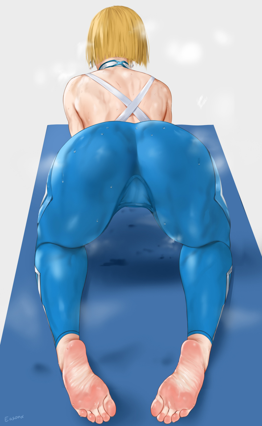 1girl all_fours alternate_costume artist_name ass back bare_shoulders barefoot blonde_hair blue_pants choker criss-cross_back-straps earrings easonx emma_frost facing_away feet from_behind highres jewelry marvel marvel_rivals median_furrow pants short_hair soles solo sports_bra steaming_body sweat thick_thighs thighs toes toned toned_female white_sports_bra x-men yoga_mat yoga_pants