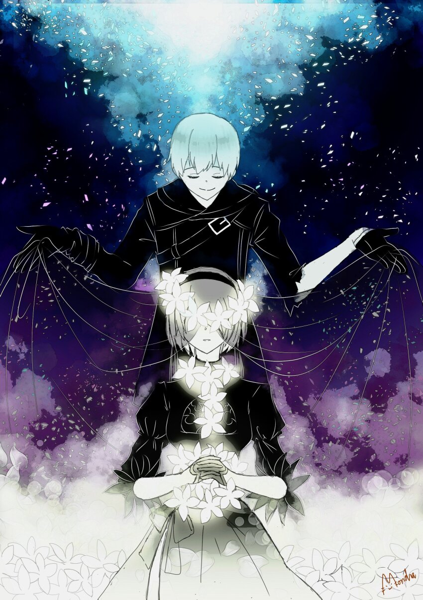 1boy 1girl 2b_(nier:automata) 9s_(nier:automata) absurdres alleycat_nd commentary covered_eyes dress english_commentary gloves greyscale_with_colored_background head_wreath highres interlocked_fingers jacket juliet_sleeves long_sleeves nier:automata nier_(series) own_hands_together puffy_sleeves signature smile torn_clothes torn_sleeves veil