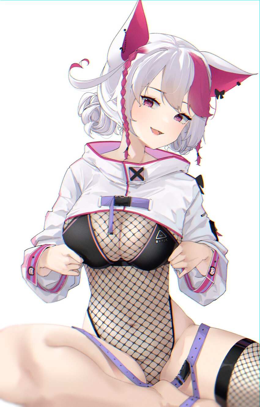 1girl absurdres animal_ears bare_legs belt bikini black_bikini braid breasts cleavage commission covered_navel cropped_hoodie fishnet_thighhighs fishnets hair_bun highleg highres hood hoodie indie_virtual_youtuber large_breasts long_hair long_sleeves looking_at_viewer loose_belt multicolored_hair open_mouth pig_ears pink_eyes simple_background single_thighhigh sitting smile solo steeb swimsuit thighhighs two-tone_hair uwasa_oink virtual_youtuber white_background white_hair white_hoodie