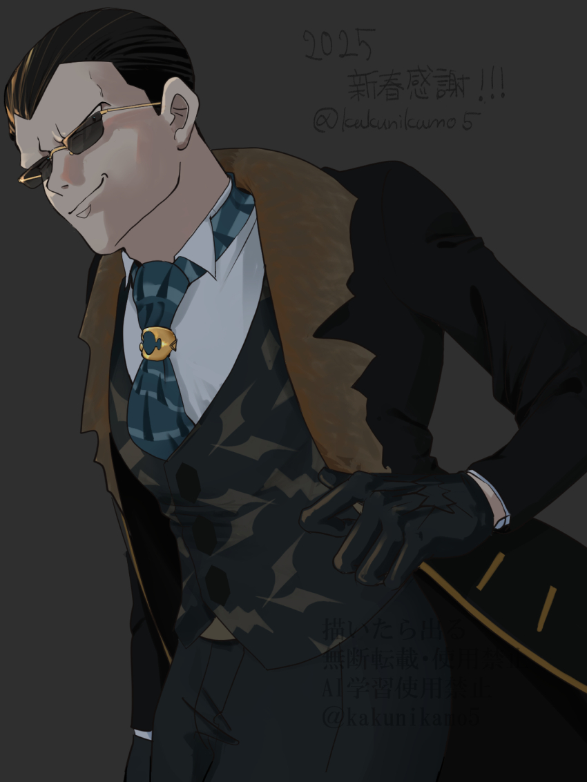 1boy 2025 black_background black_coat black_gloves black_hair black_necktie black_theme coat giovanni_(pokemon) giovanni_(sygna_suit)_(alt.)_(pokemon) gloves grin highres kakunikamo5 male_focus necktie nintendo official_alternate_costume pokemon pokemon_masters_ex smile solo sunglasses