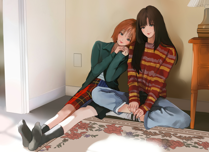 12_07sh 2girls black_socks brown_hair carpet commentary eunha_(gfriend) full_body gfriend hashtag-only_commentary highres indian_style indoors k-pop long_hair looking_at_viewer multiple_girls pink_hair real_life shirt short_hair sitting smile socks striped_clothes striped_shirt symbol-only_commentary white_socks yuju_(gfriend)