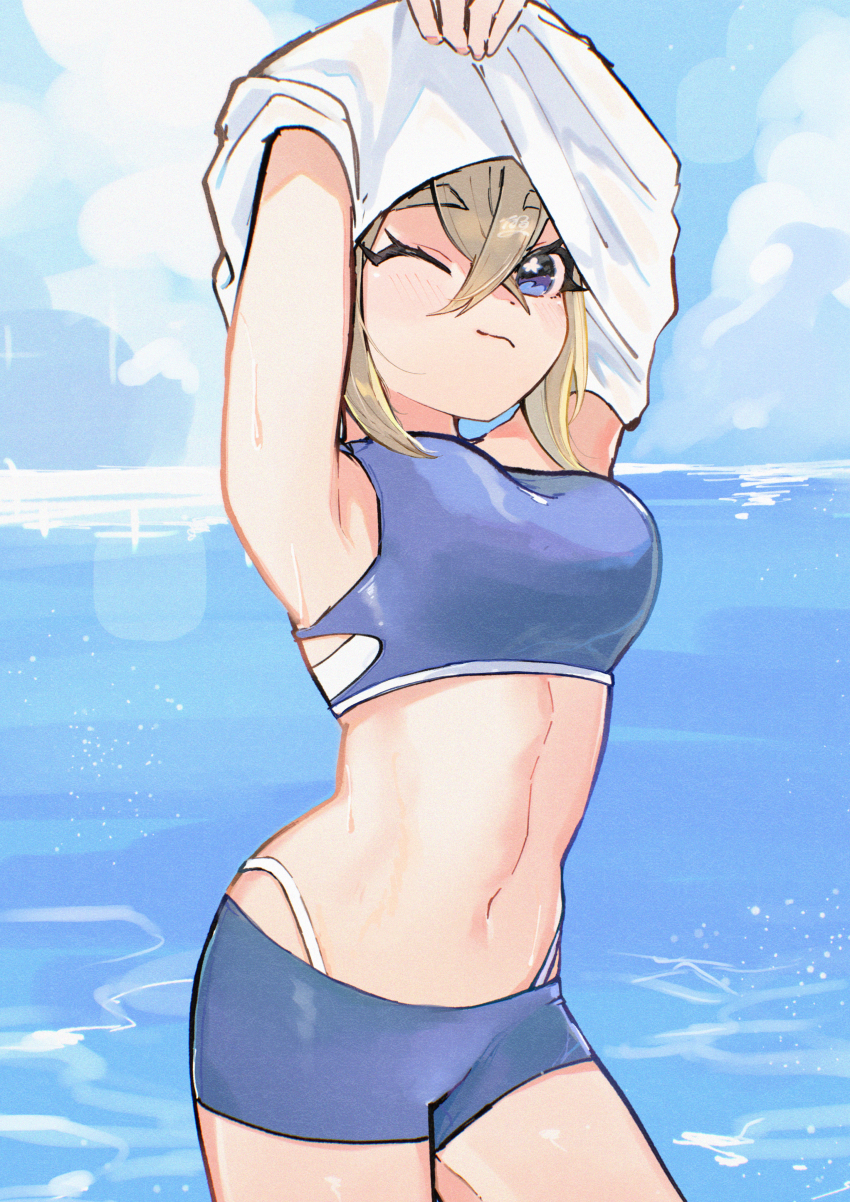1girl absurdres armpits arms_up blonde_hair blue_eyes blue_shorts blue_sports_bra blush closed_mouth highleg highleg_panties highres kimi_no_koto_ga_dai_dai_dai_dai_daisuki_na_100-nin_no_kanojo looking_at_viewer navel ocean one_eye_closed outdoors oyomidtarumi panties shirt short_hair short_shorts shorts sky solo sports_bra stomach sutou_iku sweat underwear undressing white_panties white_shirt