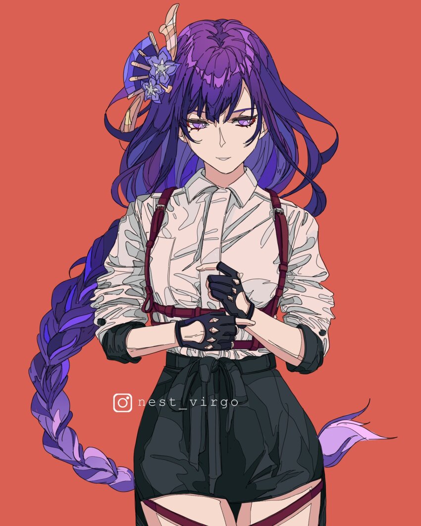 1girl adapted_costume artist_name braid breasts buckle chest_harness fingerless_gloves flower genshin_impact gloves hair_flower hair_ornament harness highres long_hair looking_to_the_side low-braided_long_hair low-tied_long_hair miniskirt mole mole_under_eye nest_virgo open_mouth purple_eyes purple_hair raiden_shogun red_background shirt simple_background skirt sleeves_rolled_up solo standing thigh_strap white_shirt