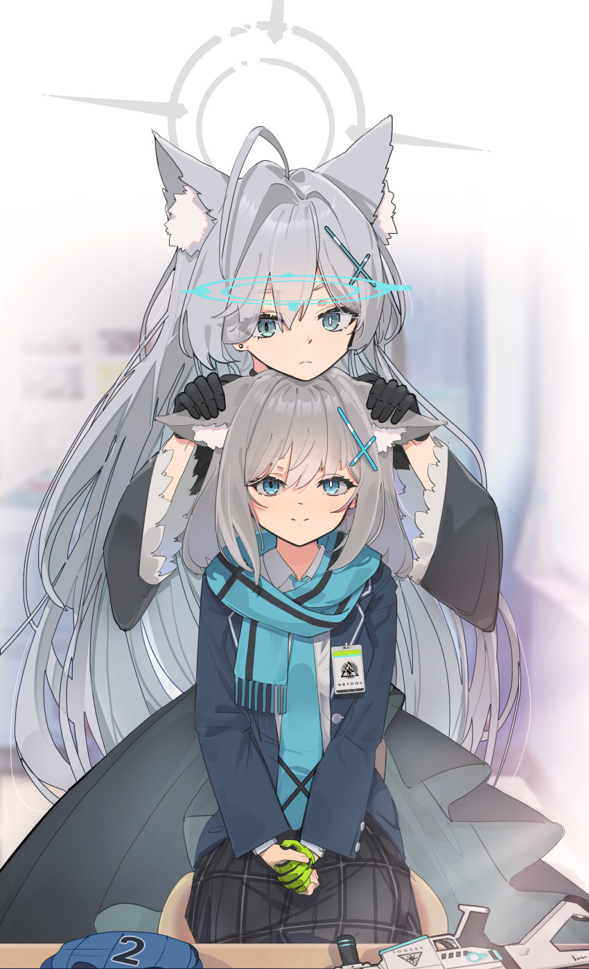 2girls absurdres ahoge animal_ear_fluff animal_ears assault_rifle black_dress blue_archive blue_eyes blue_halo blue_jacket blue_necktie blue_scarf broken_halo commentary_request cross_hair_ornament dress earrings expressionless extra_ears gloves green_gloves grey_hair grey_halo gun hair_between_eyes hair_ornament halo highres id_card jacket jewelry kas- long_hair long_sleeves looking_at_viewer mask mismatched_pupils multiple_girls necktie plaid_clothes plaid_skirt rifle scarf shiroko_(blue_archive) shiroko_terror_(blue_archive) shirt sig_sauer sig_sauer_556 single_glove skirt smile unworn_mask weapon white_shirt wolf_ears wolf_girl