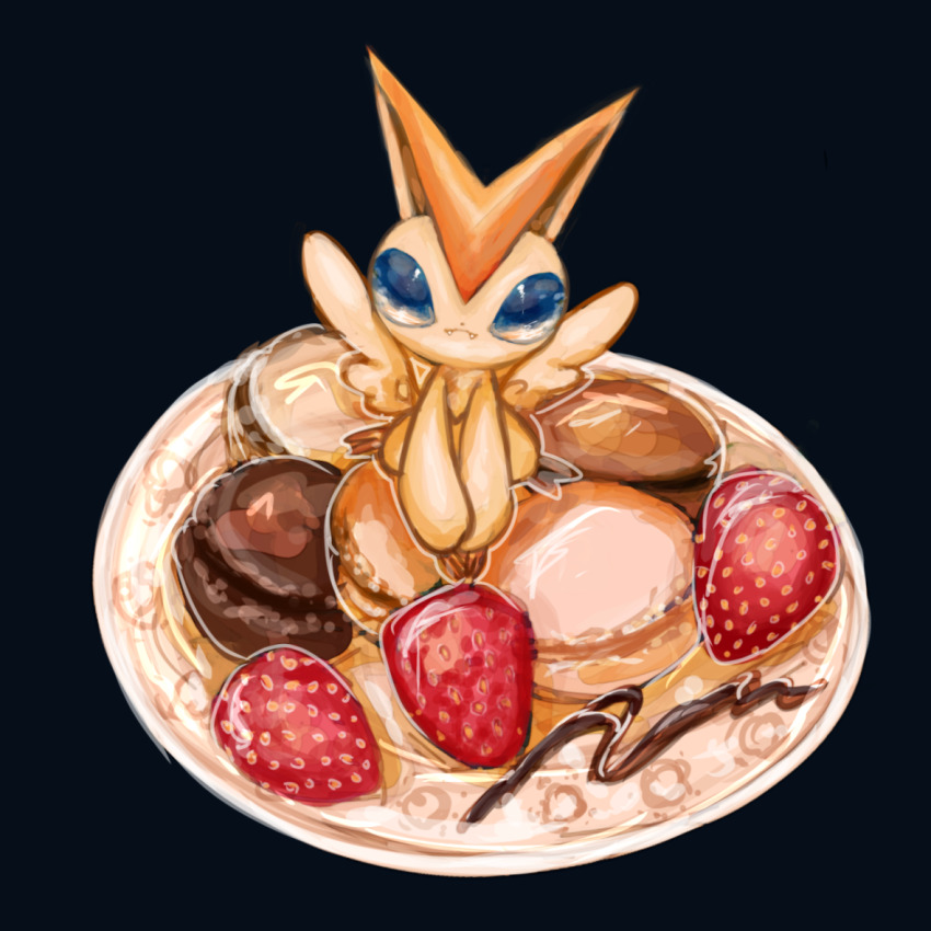 animal_focus black_background blank_eyes blue_eyes closed_mouth creatures_(company) fangs fangs_out food food_focus fruit full_body game_freak gen_5_pokemon in_food legendary_pokemon looking_at_viewer macaron minimized mythical_pokemon neverland+ nintendo no_humans own_hands_together plate pokemon pokemon_(creature) simple_background sitting solo strawberry v_arms victini
