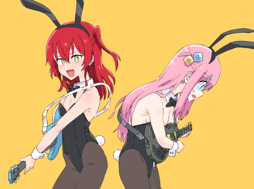 2girls animal_ears black_bow black_bowtie black_leotard black_pantyhose blue_eyes blush bocchi_the_rock! bow bowtie cube_hair_ornament fake_animal_ears fake_tail gotoh_hitori guitar hair_ornament instrument kita_ikuyo leotard long_hair looking_at_viewer monolith_(suibou_souko) multiple_girls open_mouth pantyhose pink_hair playboy_bunny rabbit_ears rabbit_tail red_hair simple_background smile tail yellow_background yellow_eyes