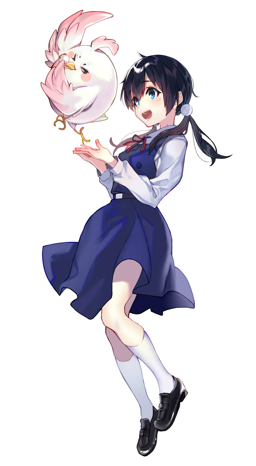 1girl absurdres bird black_hair black_shoes blue_dress blue_eyes collared_shirt dera_mochimazzui dress dress_shirt full_body hair_bobbles hair_ornament highres kitashirakawa_tamako loafers long_hair low_twintails mole mole_on_neck pinafore_dress school_uniform shirt shoes sleeveless sleeveless_dress socks solo tamako_market tsukudani_(ore624) twintails white_shirt white_socks