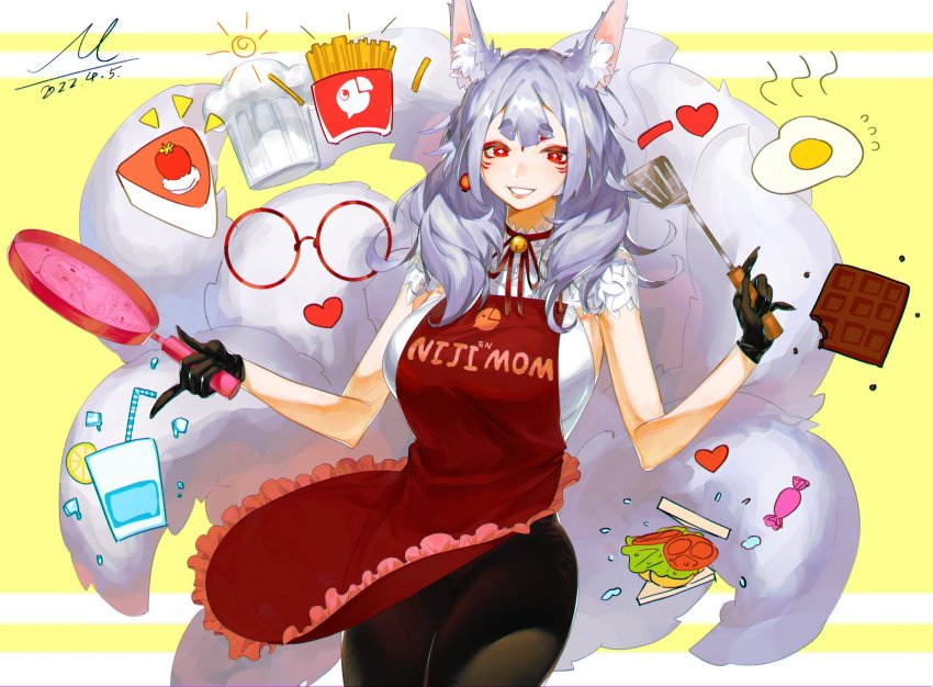 1girl animal_ears apron breasts cake chocolate egg eyeliner facial_mark food fox_ears fox_girl fox_tail french_fries glasses gloves halterneck highres judy201130 large_breasts lettuce mature_female multiple_tails nijisanji nijisanji_en nina_kosaka pan red_eyeliner red_eyes round_eyewear silver_hair solo spatula strawberry_shortcake tail tomato virtual_youtuber