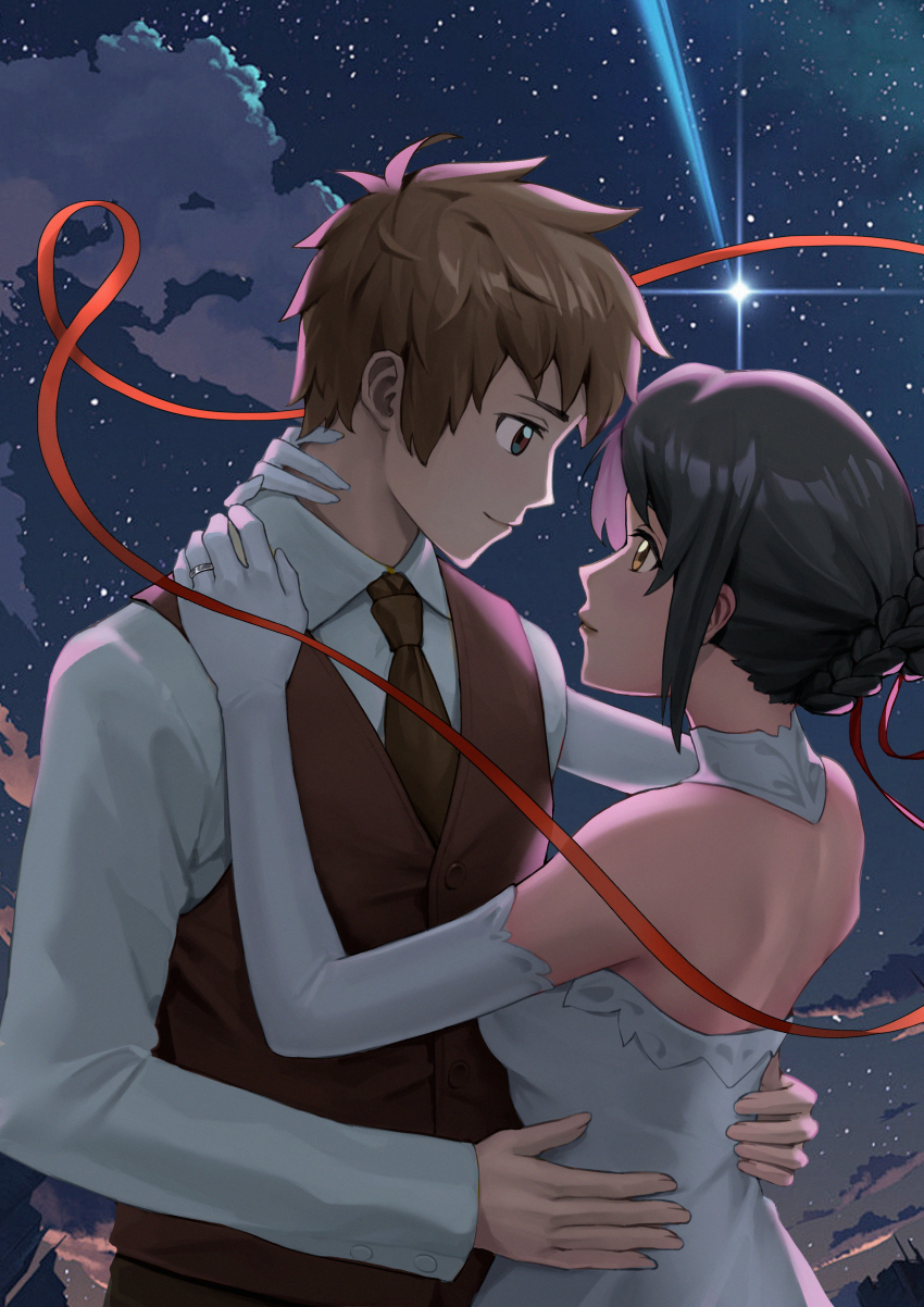 1boy 1girl absurdres black_hair brown_hair dress formal_clothes from_side hand_on_another&#039;s_neck hand_on_another&#039;s_waist highres kimi_no_na_wa. light_smile miyamizu_mitsuha nizz original suit tachibana_taki white_dress