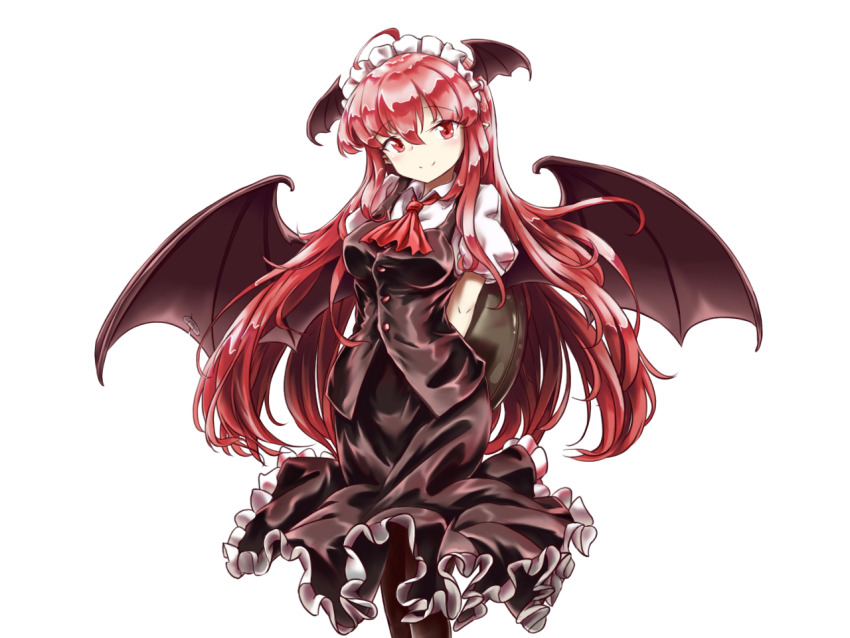 1girl ahoge alternate_headwear arms_behind_back ascot bandaid bandaid_on_wing bat_wings black_pantyhose black_skirt black_vest breasts collared_shirt commentary_request cowboy_shot findzhenxin frilled_skirt frills hair_between_eyes head_tilt head_wings holding holding_tray koakuma long_hair looking_at_viewer maid_headdress medium_breasts pantyhose puffy_short_sleeves puffy_sleeves red_ascot red_eyes red_hair shirt short_sleeves sidelocks simple_background skirt skirt_set smile solo split_mouth touhou transparent_background tray very_long_hair vest white_background white_shirt wing_collar wings