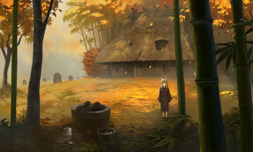 1girl autumn_leaves bamboo bamboo_forest blunt_bangs branch cloud cloudy_sky commentary_request day doora_(dora0913) female_focus field forest geta grey_hair grey_sky highres holding holding_branch horns house japanese_clothes kimono leaf long_hair long_sleeves looking_at_viewer maple_leaf nature no_socks oni oni_horns original outdoors sandals scenery sky solo standing tree well