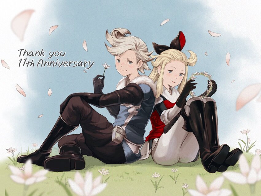 1boy 1girl anniversary ass blonde_hair boots bow bravely_default:_flying_fairy bravely_default_(series) brown_gloves edea_lee elbow_gloves flower fur_collar gloves grass grey_hair hair_bow head_wreath holding holding_flower light_blush official_art okawara petals ringabel sitting