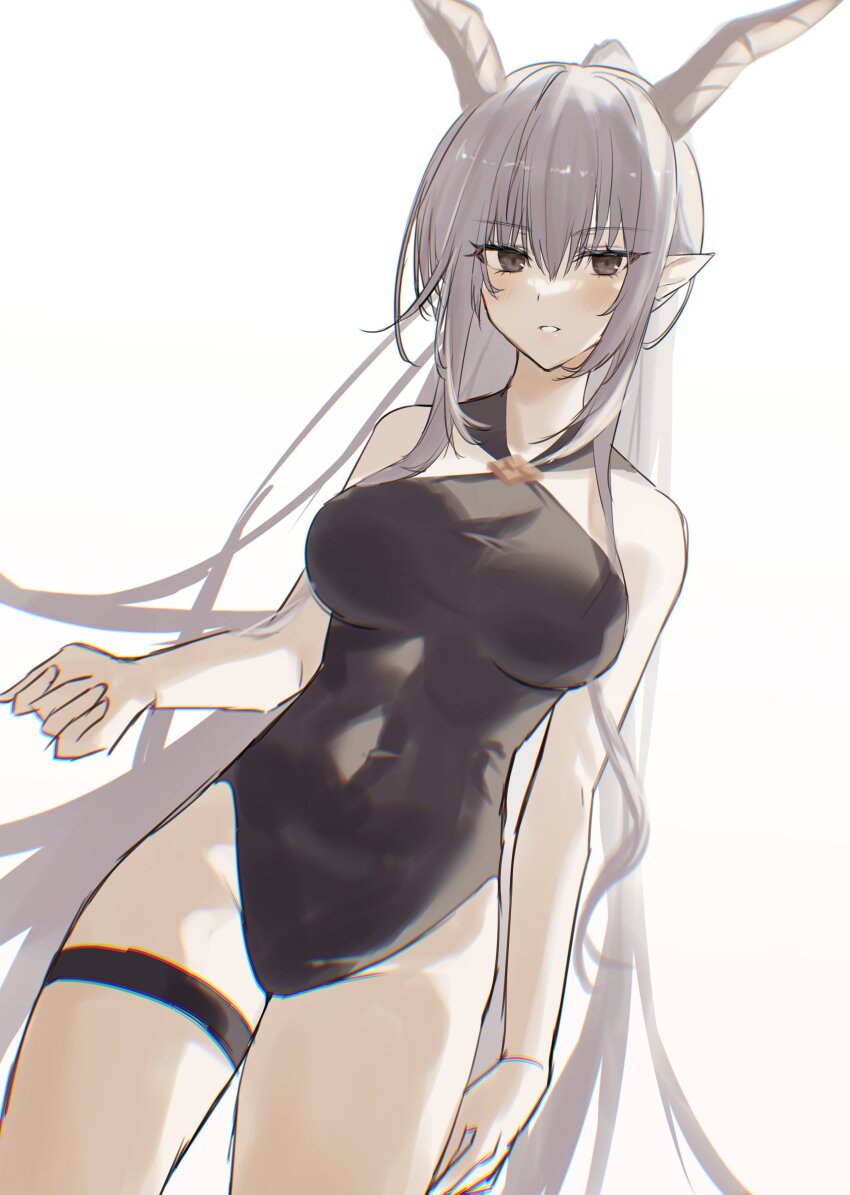 1girl 2naom8q6gt87292 absurdres arknights black_eyes black_one-piece_swimsuit blush breasts commentary covered_navel cowboy_shot demon_horns dutch_angle grey_hair hair_between_eyes highres horns long_hair looking_at_viewer medium_breasts official_alternate_costume one-hour_drawing_challenge one-piece_swimsuit parted_lips pointy_ears ponytail shining_(arknights) shining_(silent_night)_(arknights) sidelocks simple_background smile solo standing swimsuit thigh_strap very_long_hair white_background