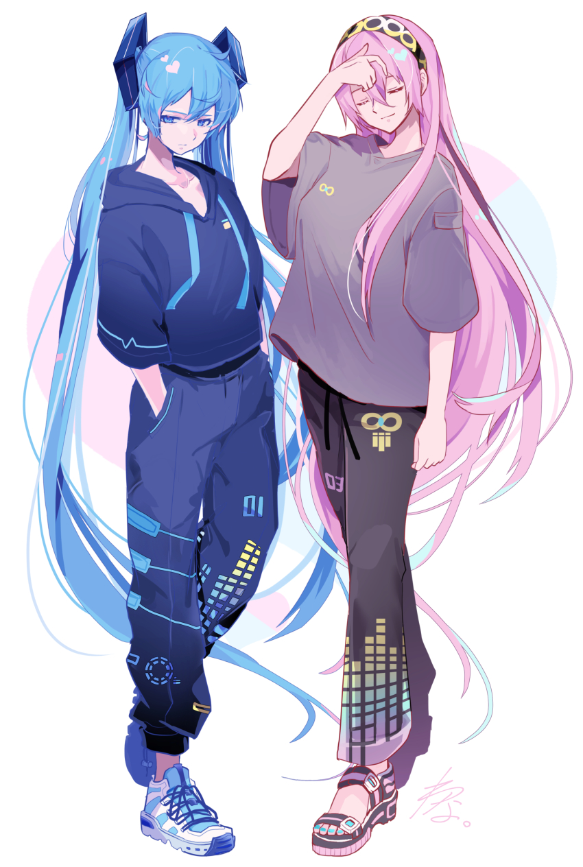 2girls absurdres adjusting_hair aqua_eyes aqua_hair black_pants blue_hoodie blue_pants closed_eyes collarbone commentary expressionless female_focus full_body graphic_equalizer grey_shirt hair_ornament hairband half-closed_eyes hand_up hands_in_pockets hatsune_miku heart highres hood hoodie infinity_symbol light_smile long_hair looking_at_viewer megurine_luka multiple_girls pants pink_hair shirt shoes signature simple_background sneakers standing toeless_footwear twintails very_long_hair vocaloid wanaxtuco white_background