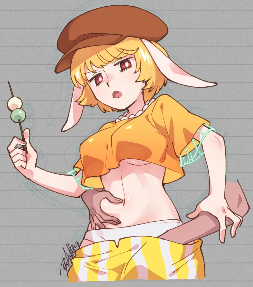 1girl animal_ears breasts brown_hat newsboy_cap dango disembodied_hand flat_cap floppy_ears food frown grabbing_another&#039;s_arm hand_on_another&#039;s_stomach hat highres holding looking_at_another looking_to_the_side medium_breasts midriff navel open_mouth orange_shirt panties rabbit_ears rabbit_girl red_eyes ringo_(touhou) shikido_(khf) shirt short_hair short_sleeves shorts signature simple_background striped_clothes striped_shorts touhou underboob underwear undressing_another wagashi white_panties yellow_shorts
