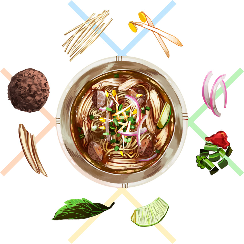 bowl food food_focus from_above ichiknees leaf liquid meatball no_humans noodles onion original pho still_life vegetable