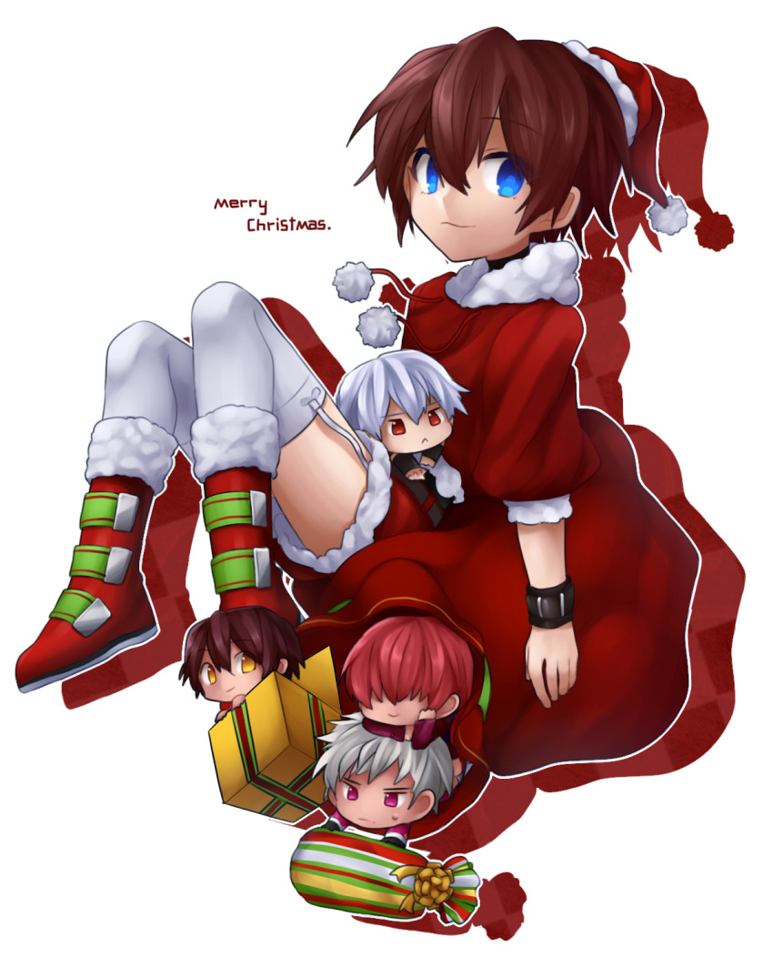 1girl 4boys :&lt; blue_eyes brown_hair chibi chris_(kof) christmas coojisan fur_trim highres holding holding_sack light_smile male_focus merry_christmas multiple_boys orochi_(kof) orochi_chris orochi_shermie orochi_yashiro red_eyes red_footwear sack santa_costume sweatdrop the_king_of_fighters thighhighs white_hair white_thighhighs wristband yellow_eyes
